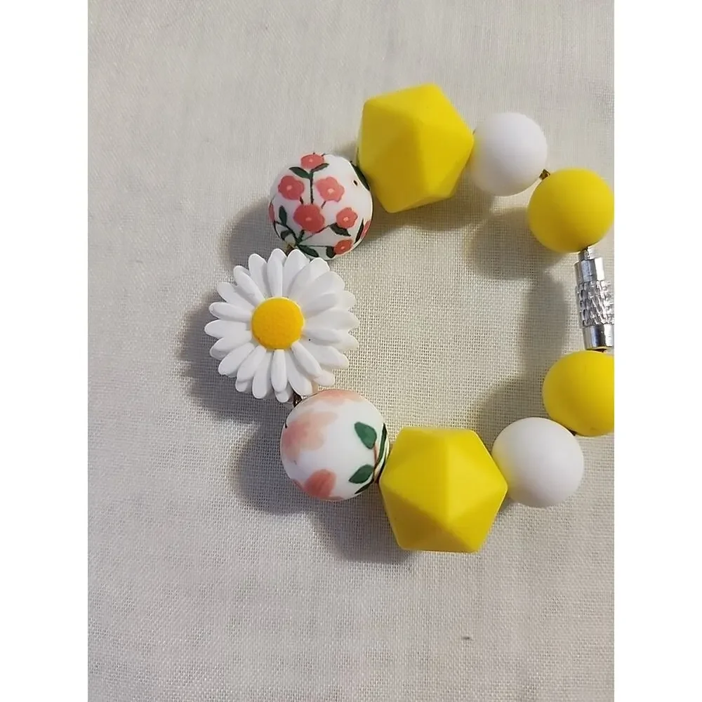 Bead Pen & Cup Charm Matching Combo Floral Daisies Yellow & White Silicone